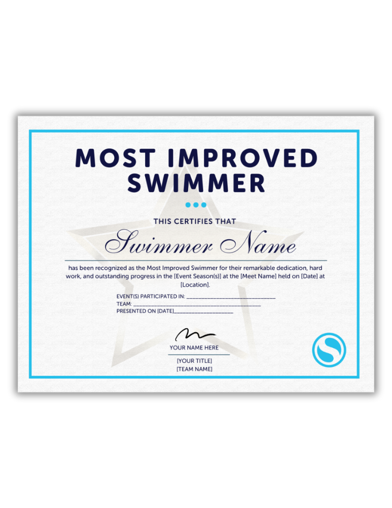 Free Download - Most Improved Swimmer Certificate